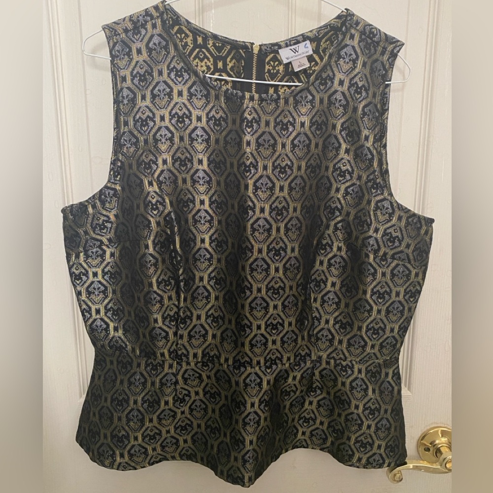 Worthington Dark blue and Gold Geometric Women's Blouse sleeveless size Large